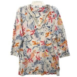 Chicos Floral Linen Tunic Top Beaded Split V-Neck 3/4 Sleeve White Size 4 XXL